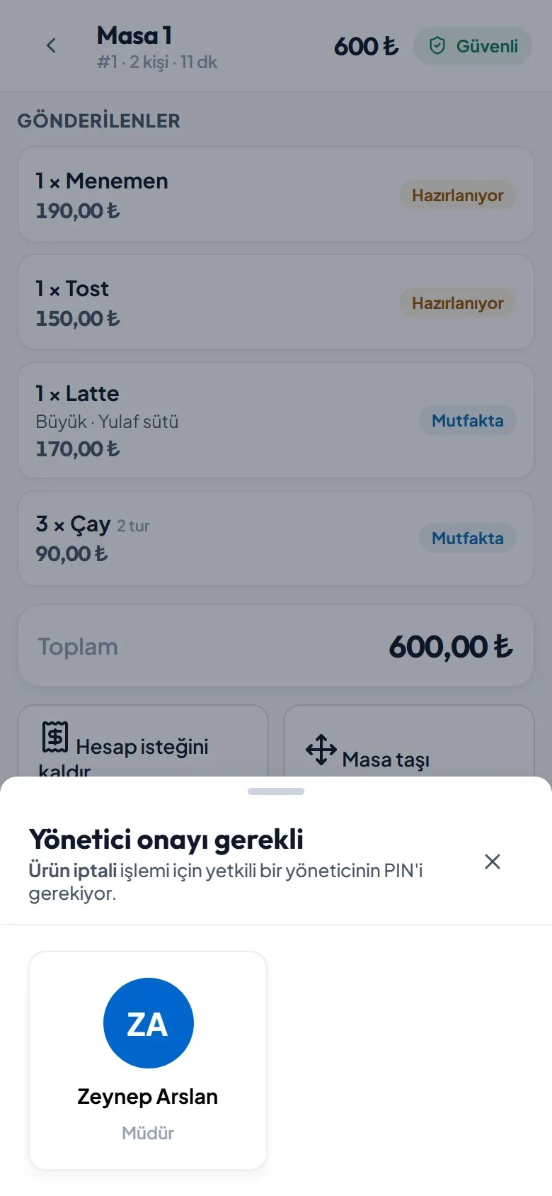 Garson telefonu: müdür PIN'i ile iptal onayı